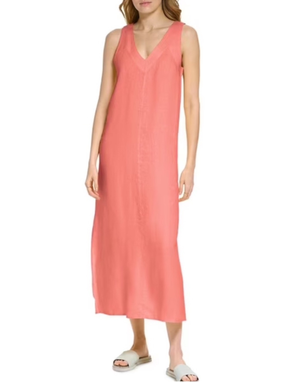 DKNY Sleeveless V-Neck Linen Maxi Dress in Coral